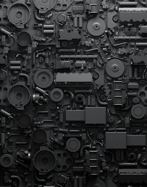 Dark industrial  wallpaper. 3d render vehicle parts pattern. Black transport  background with car parts, gear wheels, pipes, heap of auto parts, wheels. 3d illustration
